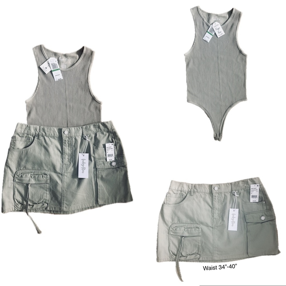 NWT Indigo Rein SZ XL Khaki/greenish cargo mini skirt/waist 34”- 40”/ 17”-20” - Picture 3 of 7